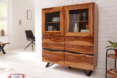 Massives Highboard AMAZONAS 140cm braun Sheeshamholz Vitrine mit Baumkante