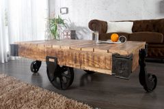 Massiver Design Couchtisch RAILWAY 110cm Mangoholz mit 4 Rädern