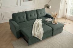 Ecksofa mit Schlaffunktion APARTMENT beidseitig aufbaubar grün Cord inkl. Stauraum