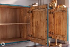 Massives Sideboard AURUM 180cm türkis Mangoholz mit ikonischem Gold-Element