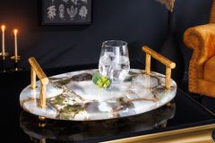 Deko Serviertablett NOBLE 40cm Edelstein handmade Achat Quarz Goldgriffe