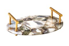Deko Serviertablett NOBLE 40cm Edelstein handmade Achat Quarz Goldgriffe
