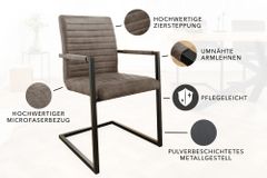 Moderner Freischwinger Stuhl LOFT taupe grau Microfaser mit Armlehne Eisengestell schwarz