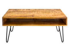 Massiver Couchtisch SCORPION 100cm natur Mangoholz Metall Hairpin Legs mit Ablage