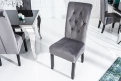 Design Stuhl CASA grau Samt mit Zierknöpfen Massivholzbeine