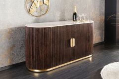 Massives Sideboard GATSBY 120cm braun Mangoholz gold Metall weiße Marmorplatte