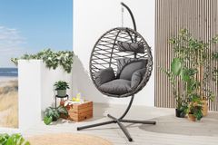In- und Outdoor Hängesessel IBIZA anthrazit Rattan mit Gestell wetterfest inkl. Kissen