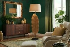 Massive Stehlampe LEAF 130cm weiß natur Teakholz Blatt-Design mit Stoffschirm
