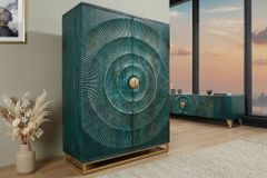 Handgearbeiteter Barschrank GOLDEN SUNSET 140cm türkis Mangoholz massiv