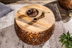 2er Set Runde Couchtische STONE MOSAIC 65cm kupfer Mangoholz Metall Mosaik Design handmade