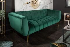 Design 3-Sitzer Sofa NOBLESSE 225cm smaragdgrün Samt Federkern goldene Metallfüße