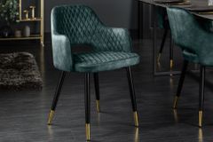 Eleganter Stuhl PARIS petrol Samt Ziersteppung Fußkappen gold Retro-Design mit Armlehnen