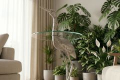 Runder Beistelltisch WILDLIFE HERON 90cm silber Metall Glas Fischreiher Skulptur handmade
