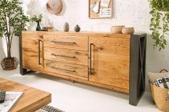 Massivholz Sideboard THOR 200cm mit Schubladen natur Wildeiche geölt Metall schwarz