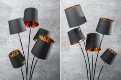 Design Stehlampe LEVELS 176cm mit 5 Leinenschirmen schwarz gold Stehleuchte