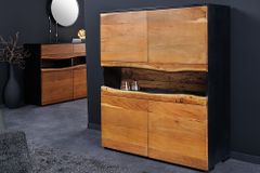 Massivholz Highboard GRAND ACACIA 120cm braun Akazie mit LED-Beleuchtung Baumkante