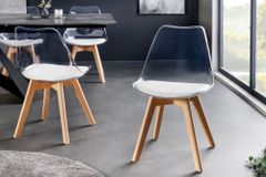 Design Stuhl SCANDINAVIA MEISTERSTÜCK transparent weiß Kunststoff Buchenholz natur
