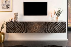 Hängendes TV-Board ILLUSION 160cm schwarz Mangoholz Massivholz mit 3D Schnitzereien gold