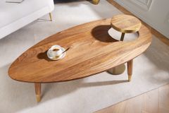 Massivholz Couchtisch GATSBY 110cm braun gold Mango oval rund Beistelltisch 2er Set Retro Design