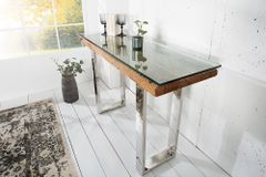Massive Konsole BARRACUDA 120cm Teak mit Stahl Kufenfüßen inkl. Glasplatte