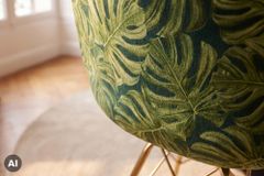 Design Stuhl SCANDINAVIA MEISTERSTÜCK grün Chenille gold Metall Monstera-Blatt