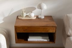 Hängender Nachttisch PURE 50cm braun Mangoholz honey finish Wandregal Schublade