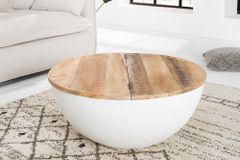 Runder Couchtisch INDUSTRIAL STORAGE 70cm weiß natur Massivholz mit Stauraum handmade