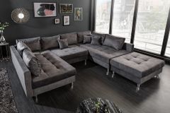 Moderne XXL Wohnlandschaft KENT 305cm grau Samt Bigsofa inkl. Hocker Federkern