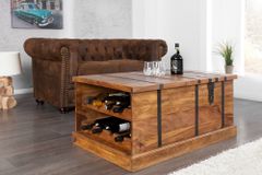 Massivholz Couchtisch BODEGA 100cm braun Sheesham stone finish Truhe Stauraum Weinregal