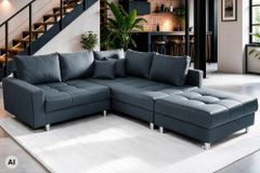 Moderne Wohnlandschaft KENT 220cm anthrazit Ecksofa Federkern inkl. Hocker und Kissen