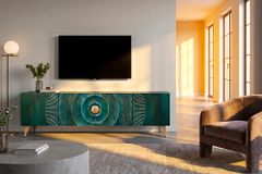 Massives TV-Lowboard GOLDEN SUNSET 180cm türkis 3D-Schnitzereien gold Mangoholz Metall