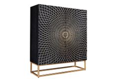 Design Highboard ILLUSION 120cm schwarz Mangoholz Massivholz mit 3D Schnitzereien gold Eisen Metallgestell