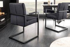 Moderner Freischwinger Stuhl BIG ASTON Echtleder schwarz Taschenfederkern Metall