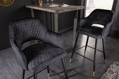 Design Barhocker PARIS grau Samt mit Lehne Metall schwarz gold Ziersteppung