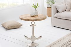 Maritimer Beistelltisch SEVEN SEAS 50cm silber Anker-Design rund Mangoholz Metall