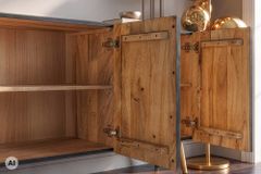 Massives Sideboard AURUM 180cm schwarz Mangoholz mit ikonischem Gold-Element