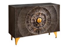 Massives Sideboard GOLDEN SUNSET 100cm schwarz Mangoholz 3D Schnitzerei gold Metall