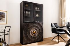 Massives Highboard GOLDEN SUNSET 180cm schwarz gold Mangoholz mit Glastüren Vitrine