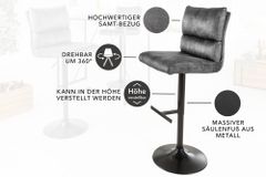Höhenverstellbarer Barhocker COMFORT dunkelgrau Samt drehbar mit Lehne Metall schwarz