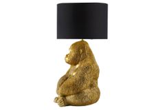 Handgefertigte Tischlampe KING APE 55cm gold schwarzer Stoffschirm Gorilla-Skulptur