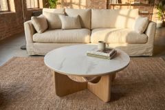 Runder Couchtisch ENSO 80cm weiß Marmor Keramik Eichenholz