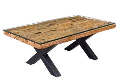 Massiver Couchtisch BARRACUDA 110cm antik natur Teakholz X-Gestell Glasplatte
