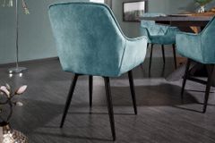 Design Stuhl MILANO petrol Samt mit Armlehne Ziersteppung gepolstert schwarze Metallbeine