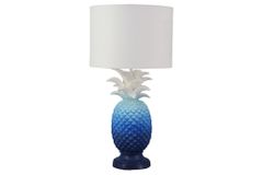 Handgefertigte Tischlampe PINEAPPLE 50cm blau weiß Ananas-Design mit Stoffschirm