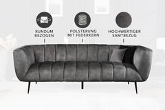 Design 3-Sitzer Sofa NOBLESSE 225cm grau Samt Federkern schwarze Metallfüße