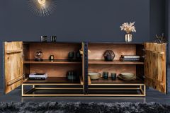 Design Sideboard ILLUSION 180cm schwarz Mangoholz Massivholz mit 3D Schnitzereien gold Eisen Metallgestell