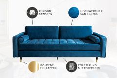 Design 3-Sitzer Sofa COZY VELVET 220cm petrol blau Samt Federkern Lounge