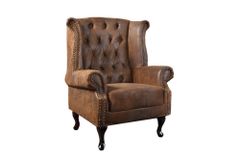Chesterfield Sessel 85cm antik braun Microfaser mit Knopfheftung