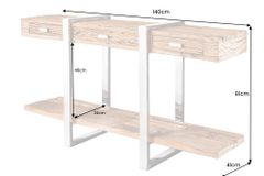 Massivholz Konsolentisch BARRACUDA 140cm braun Teakholz silber Edelstahl verchromt mit Schubladen