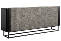 Handgefertigtes Sideboard CROCO 180cm grau schwarz Mangoholz mit 3D Schnitzereien massiv Metall